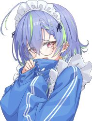 1girl absurdres blue_hair blue_jacket blush brown-framed_eyewear commentary_request glasses green_hair hair_between_eyes highres jacket jersey_maid looking_at_viewer maid maid_headdress mole mole_under_eye multicolored_hair nanashi_inc. open_mouth ougimaneki pink_eyes round_eyewear short_hair simple_background smile solo suzumi_nemo transparent_background two-tone_hair unconventional_maid upper_body variant_set virtual_youtuber white_background
