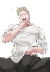 11114tai 1boy arm_up black_pants blonde_hair closed_eyes clothes_lift commentary crew_neck dungeon_meshi hashtag-only_commentary highres laios_touden male_focus open_mouth pants shirt shirt_lift short_hair simple_background sleeves_rolled_up solo squeans teeth veins veiny_arms veiny_hands white_background white_shirt yawning