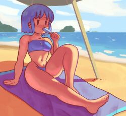 Rule 34 | 1girl, alternate hairstyle, barefoot, beach, blue sky, braid, breasts, brown eyes, cloud, collarbone, dozo gon, expressionless, feet, food, food in mouth, hand on floor, holding, holding food, holding popsicle, jitome, mob face, naganohara mio, navel, nichijou, outdoors, popsicle, popsicle in mouth, short hair, sitting, sky, small breasts, solo, sports bra, towel, umbrella, water