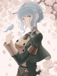 1girl bird blue_bird blue_hair braid breasts brown_eyes closed_mouth crown_braid dangouo_ty fire_emblem fire_emblem:_three_houses garreg_mach_monastery_uniform highres long_hair long_sleeves looking_at_viewer marianne_von_edmund medium_breasts nintendo short_hair solo upper_body