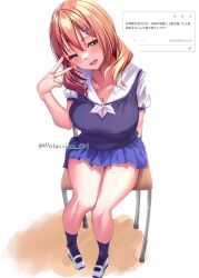 black_socks black_sweater_vest blue_skirt breasts brown_hair chair cleavage collarbone commentary_request green_eyes hair_between_eyes hair_ornament hair_over_shoulder hairclip highres large_breasts loafers long_hair looking_at_viewer open_mouth pleated_skirt potassium_oh sailor_collar shirt shoes short_hair simple_background sitting skirt slow_start socks sweater_vest thighs tokura_eiko twitter_username v white_background white_sailor_collar white_shirt