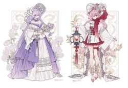 2girls ankle_wrap bare_shoulders bow breasts brown_eyes chrysanthemum cleavage detached_collar double-parted_bangs dress embroidery fashion floral_background floral_print flower frilled_dress frilled_sleeves frills full_body hair_bow hair_ornament hair_over_one_eye hanbok hat holding holding_flower holding_lantern korean_clothes lantern large_breasts lemon89h long_dress long_hair looking_at_viewer multiple_girls off-shoulder_dress off_shoulder original parted_bangs pink_flower pink_hair pink_nails pink_shoes purple_flower purple_hair purple_hanbok red_scarf scar scar_on_face scarf shoes short_dress sidelocks standing talisman tassel thigh_strap very_long_hair wavy_hair white_bow white_dress white_hanbok white_hat wide_sleeves