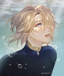 Rule 34 | 1boy, blonde hair, blue eyes, collared shirt, freckles, freminet (genshin impact), genshin impact, hair over one eye, highres, lips, looking up, male focus, medium hair, phaesporia, shirt, short hair, solo, submerged, teeth, twitter username