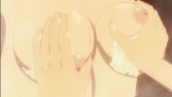 1boy 1girl animated anime_screenshot blonde_hair breasts collar english_text facing_viewer foam grabbing_another&#039;s_breast groping highres isekai_meikyuu_de_harem_wo large_breasts looking_at_viewer roxanne_(isekai_meikyuu_de_harem_wo) sound subtitled video