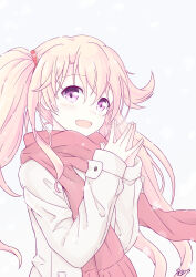 1girl blonde_hair from_side highres iris_mysteria! k_(nura-rikuo) ladis_(iris_mysteria!) long_scarf looking_at_viewer purple_eyes red_scarf scarf snow twintails upper_body winter_uniform
