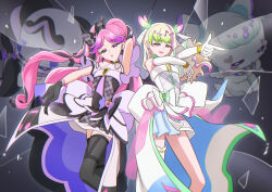 2girls armpits bare_shoulders black_gloves black_socks blonde_hair blunt_bangs braid broken_glass broken_pieces cure_kiss cure_zukyuun dress earrings finger_gun floating_hair fortissimo frilled_dress frilled_skirt frills gingham_dress gingham_shirt glass gloves gradient_hair hair_ornament hair_ribbon hair_wings jewelry kimi_to_idol_precure kneehighs long_hair looking_at_viewer meroron_(precure) multicolored_hair multiple_girls musical_note musical_note_hair_ornament open_mouth pink_hair precure purirun_(precure) ribbon single_bare_shoulder single_kneehigh single_sock skirt socks tiler_(tiler00) twintails very_long_hair white_gloves wing_hair_ornament wrist_cuffs