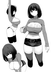 1girl arched_back arm_up belt bent_over black_belt breasts cleavage cleavage_cutout clothing_cutout crop_top fumitan_(humitan) greyscale highres large_breasts long_sleeves looking_at_viewer medium_hair meme_attire midriff monochrome multiple_views navel open-chest_sweater original panties short_shorts shorts simple_background sweater thighhighs underwear v_arms white_background