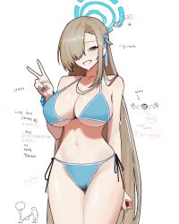 1girl anyak05 asuna_(blue_archive) bikini blue_archive blue_bikini blue_eyes blue_halo blue_nails breasts brown_hair dated_commentary fingernails hair_over_one_eye halo highres large_breasts looking_at_viewer nail_polish navel side-tie_bikini_bottom simple_background smile swimsuit translation_request v white_background