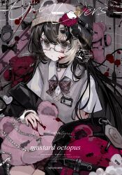 1girl absurdres beanie black_hair black_jacket blood bow bowtie brown_eyes caution_tape chain choker collared_shirt commentary_request cuffs glasses hair_between_eyes hair_ornament handcuffs hat heart highres jacket long_hair looking_at_viewer multicolored_hair original plaid_bow safety_pin shi_mita shirt short_sleeves skirt solo stuffed_animal stuffed_toy sweater_vest teddy_bear vest white_shirt