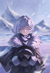 1girl absurdres black_gloves closed_eyes closed_mouth coat doki_illus fur-trimmed_coat fur_trim gloves grey_hair hat highres holding holding_unworn_clothes holding_unworn_hat mountainous_horizon parted_bangs reverse:1999 short_hair solo unworn_hat unworn_headwear vertin_(reverse:1999)