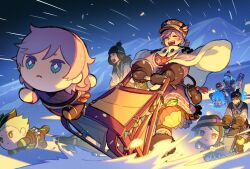 4boys capelet character_doll commentary_request disney_tsum-tsum epel_felmier funuyu highres idia_shroud jade_leech male_focus mittens mountain multiple_boys outdoors purple_hair sebek_zigvolt short_hair sledding snow snowing tsum-tsum twisted_wonderland winter_clothes