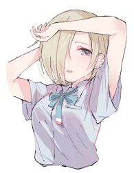 Rule 34 | 1girl, blonde hair, blue ribbon, blue shirt, blush, breasts, collared shirt, cropped torso, ear piercing, hair over one eye, highres, looking at viewer, love live!, love live! nijigasaki high school idol club, medium breasts, mia taylor, nijigasaki school uniform, notyu maru, one eye covered, parted lips, piercing, purple eyes, ribbon, school uniform, shirt, short hair, short sleeves, solo, summer uniform, upper body