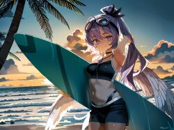 1girl absurdres beach bikini black_bikini black_choker black_shorts blush breasts choker closed_mouth cloud cloudy_sky cowboy_shot goggles goggles_on_head hepari highres holding holding_surfboard jewelry long_hair looking_at_viewer navel necklace ocean original palm_tree ponytail purple_eyes purple_hair short_shorts shorts sky small_breasts smile solo surfboard swimsuit tree white_wings wings