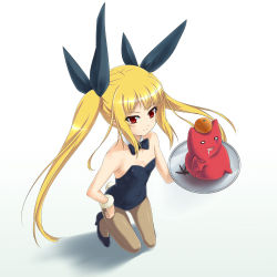 1girl arc_system_works bare_shoulders blazblue blonde_hair bow bowtie breasts brown_pantyhose cleavage detached_collar gii hair_ribbon hand_on_own_hip high_heels kneeling leotard long_hair pantyhose playboy_bunny rabbit_tail rachel_alucard red_eyes ribbon s-no shoes sitting slit_pupils small_breasts smile tail tray twintails wrist_cuffs