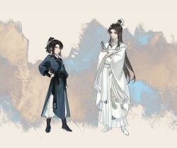 2boys aged_down black_boots black_hair blue_eyes boots brown_eyes brown_hair cheng_qian chinese_clothes chinese_commentary closed_mouth feathers folded_fan folding_fan hair_bun hair_ribbon hand_fan hand_on_own_hip hanfu high_ponytail highres holding holding_fan liu_yao long_sleeves looking_at_viewer multiple_boys official_art pants peacock_feathers ponytail ribbon single_hair_bun smile white_boots white_hanfu white_pants white_ribbon wide_sleeves xiao_guan_(headdress) yan_zhengming yaopei yuanszt-k