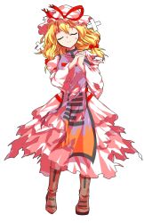 Rule 34 | 1girl, alphes (style), bandaid, beaten, blonde hair, boots, breasts, brown boots, closed eyes, closed mouth, commentary request, dairi, defeat, dress, full body, hat, hat ribbon, highres, large variant set, layered dress, mob cap, own hands clasped, own hands together, parody, ribbon, sidelocks, smile, solo, style parody, sweatdrop, tabard, tachi-e, tears, torn clothes, torn dress, torn hat, torn ribbon, touhou, transparent background, variant set, yakumo yukari