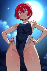 1girl amate_yuzuriha armpits bare_shoulders blush breasts cloud commentary_request covered_navel gluteal_fold gundam gundam_gquuuuuux hands_on_own_hips highres moon night night_sky nike_(0306) one-piece_swimsuit pink_eyes red_hair short_hair sky small_breasts smile standing swimsuit thighs