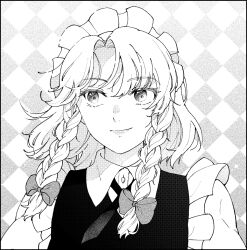 Rule 34 | 1girl, apron, bow, braid, checkered background, collared shirt, commentary, curtained hair, frilled apron, frills, greyscale, hair between eyes, hair bow, highres, izayoi sakuya, konruri blue, looking to the side, maid, maid apron, maid headdress, medium hair, monochrome, multiple hair bows, puffy short sleeves, puffy sleeves, screentones, shirt, short sleeves, solo, touhou, twin braids, upper body