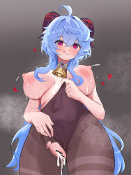 1girl :p @_@ absurdres ahoge bar_censor bell between_breasts black_leotard black_pantyhose blue_hair blush bodystocking bodysuit breasts breasts_out censored clothes_between_breasts clothes_pull clothing_aside covered_navel crotch cum cum_in_pussy ganyu_(genshin_impact) genshin_impact gluteal_fold groin heart heart-shaped_pupils highres horns jewelry lactation large_breasts leotard leotard_aside leotard_under_clothes long_hair looking_at_viewer naoonaao neck_bell nipples pantyhose pulling_own_clothes purple_eyes pussy sidelocks solo sweat symbol-shaped_pupils thighlet thighs tongue tongue_out torn_clothes torn_pantyhose