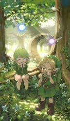 1boy 1girl blonde_hair brown_footwear character_request child closed_eyes clover commentary commentary_request dappled_sunlight day fairy fairy_wings fantasy forest fujiwara_yoshito full_body green_footwear green_hair green_headwear green_tunic hand_on_own_face hat instrument link listening_to_music nature navi nintendo ocarina on_grass open_mouth outdoors pointy_ears saria_(zelda) short_hair sitting standing sunlight sword teeth the_legend_of_zelda tree tunic upper_teeth_only weapon wings wooden_sword