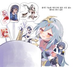 Rule 34 | 1girl, asymmetrical gloves, black choker, black gloves, cake, choker, commentary, earrings, food, fu hua, fu hua (crane of taixuan), fu hua (fenghuang of vicissitude), fu hua (garuda), herrscher of sentience, fu hua (summer 2022), gloves, grey hair, hear me out cake (meme), highres, honkai (series), honkai impact 3rd, jewelry, korean commentary, korean text, meme, mismatched gloves, open mouth, pic p p, red eyes, single earring, smile, translation request, white gloves, yellow pupils