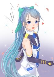 Rule 34 | 1girl, alternate hairstyle, black neckerchief, black sailor collar, blue eyes, blue hair, blush, cowboy shot, elbow gloves, gloves, gradient background, gradient hair, green ribbon, highres, kantai collection, long hair, looking at viewer, multicolored hair, naviyu elin, neckerchief, open mouth, ponytail, purple background, ribbon, sailor collar, samidare (kancolle), school uniform, serafuku, shirt, sleeveless, sleeveless shirt, smile, solo, very long hair, white serafuku