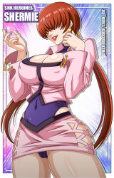 1girl breasts cameltoe cleavage cleavage_cutout clothes_lift clothing_cutout curvy dress earrings fat_mons fishnets heart huge_breasts jacket jewelry large_breasts long_hair panties ponytail pussy red_hair sano_br shermie_(kof) shiny_clothes shiny_skin skirt skirt_lift smile smiley_face snk_heroines:_tag_team_frenzy standing the_king_of_fighters thick_lips thick_thighs thighs tight_clothes twintails underwear upskirt wide_hips