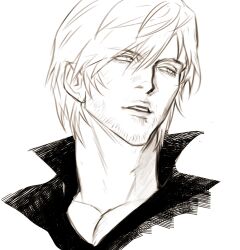 1boy collared_shirt commentary dante_(devil_may_cry) devil_may_cry devil_may_cry_(series) devil_may_cry_4 facial_hair greyscale hair_between_eyes highres looking_to_the_side male_focus matchi_(2646291181) monochrome parted_bangs parted_lips pectoral_cleavage pectorals popped_collar shirt sideways_glance simple_background solo teeth white_background