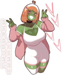 1girl absurdres ahoge black_choker breasts character_name choker colored_skin deadgirlcherry double_v green_skin heart heart_ahoge heart_necklace highres indie_virtual_youtuber jacket jewelry kokoe_(pyuncho) large_breasts looking_at_viewer necklace open_clothes open_jacket orange_hair pink_eyes pink_jacket pink_nails second-party_source short_hair short_shorts shorts simple_background solo stitched_face stitched_torso stitches tank_top v virtual_youtuber white_background white_shorts white_tank_top zombie