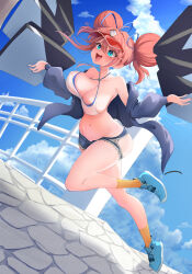Rule 34 | 1girl, absurdres, aqua eyes, azur lane, bare shoulders, blue eyes, blue jacket, blue shoes, blue shorts, blue sky, bouncing breasts, box, breasts, cleavage, cloud, commentary request, criss-cross halter, crop top, denim, denim shorts, double bun, gallant (azur lane), gallant (express-ive delivery) (azur lane), groin, hair bun, halterneck, highres, holding, holding box, huge hair bun, jacket, large breasts, navel, official alternate costume, orange hair, outdoors, shoes, short shorts, shorts, sky, sneakers, socks, solo, stomach, tripping, ville87804, visor cap, yellow socks
