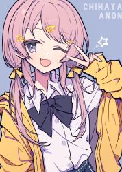 1girl ;d absurdres bang_dream! bang_dream!_it&#039;s_mygo!!!!! black_bow black_bowtie blue_background blush bow bowtie character_name chihaya_anon chinese_commentary collared_shirt commentary_request dress_shirt fang grey_eyes hair_ornament hair_ribbon hairclip highres jacket long_sleeves low_twintails one_eye_closed open_mouth pink_hair ribbon shirt simple_background sleeves_past_wrists smile solo twintails v v_over_eye white_shirt yellow_jacket yellow_ribbon zhong_xiansheng