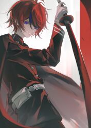 1boy absurdres belt belt_pouch black_cape black_hair black_jacket black_pants blue_eyes buttons cape closed_mouth commentary cowboy fumei_shaku gloves highres holding holding_sword holding_weapon jacket last_defense_academy_school_uniform long_sleeves male_focus multicolored_hair pants pouch red_hair red_pupils school_uniform solo streaked_hair sumino_takumi sword symbol-only_commentary the_hundred_line_-last_defense_academy- two-tone_hair weapon western white_belt white_gloves