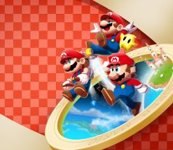 3boys absurdres blue_eyes blue_overalls brown_hair brown_shoes castle checkered_background commentary english_commentary f.l.u.d.d. facial_hair gloves highres luma_(mario) mario mario_(series) multiple_boys mustache nintendo open_mouth overalls potterzilla red_background shoes star_(sky) star_(symbol) super_mario_3d_all-stars super_mario_64 super_mario_galaxy super_mario_sunshine volcano water white_gloves