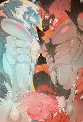 2boys abs artist_name bara bare_pectorals beard biceps black_fur blue_fur chest_fur commentary english_commentary erection facial_hair fangs foreskin furry furry_male gen_5_pokemon gen_7_pokemon grin hand_on_own_penis highres howltheartist incineroar looking_at_another looking_at_penis looking_down male_focus multicolored_fur multiple_boys muscular muscular_male mustache navel nintendo nipples open_mouth pectorals penis pokemon pokemon_(creature) precum red_fur samurott smile surprised testicles veins veiny_penis yaoi