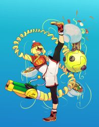 1girl 2017 alternate_color arms_(game) beanie blonde_hair blue_background blunt_bangs bowl dragon_(arms) egg food fsnowzombie full_body green_eyes hat highres leg_lift leg_up leggings_under_shorts lips mask meat medium_hair megawatt_(arms) min_min_(arms) nintendo noodles ramen shorts solo spilling standing standing_on_one_leg