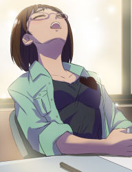 Rule 34 | 1girl, brown hair, closed eyes, dokidoki! precure, female focus, glasses, haruyama kazunori, heart, keshigomu-sensei, open mouth, precure, short hair, solo