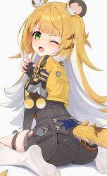 1girl animal_ears bitseon black_shorts blonde_hair colored_inner_hair from_behind gloves green_eyes grey_background half_gloves highres jacket ju_fufu long_hair looking_at_viewer looking_back lower_teeth_only multicolored_hair one_eye_closed shorts simple_background socks solo tail teeth thigh_strap tiger_ears tiger_girl tiger_tail two-tone_hair white_hair white_socks yellow_jacket zenless_zone_zero