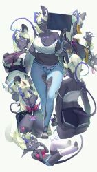 1girl absurdres asymmetrical_horns blue_nails breasts colored_eyelashes commentary dark-skinned_female dark_skin drawing_tablet english_commentary h.an_(516635864) highres horns large_breasts multiple_views original ponytail shorts signature solo tail