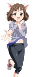 1girl :d animal_ears black_leggings breasts brown_hair cat_ears dancing fake_animal_ears fang green_eyes grey_shirt highres idolmaster idolmaster_cinderella_girls large_breasts leggings long_sleeves looking_at_viewer maekawa_miku navel open_mouth shirt simple_background sincos smile solo sportswear t-shirt white_background white_sneakers