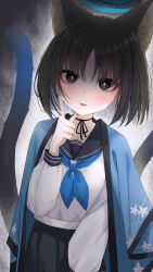 1girl absurdres animal_ear_fluff animal_ears black_eyes black_hair black_sailor_collar black_skirt blue_archive blue_halo blue_haori blue_neckerchief blunt_ends blush cat_ears cat_girl cat_tail finger_to_cheek halo haori haori_on_shoulders highres japanese_clothes kikyou_(blue_archive) long_sleeves looking_at_viewer multiple_tails neckerchief number-only_commentary open_mouth pleated_skirt sailor_collar school_uniform serafuku shaded_face shirt short_hair skirt solo tail two_tails wendao white_shirt