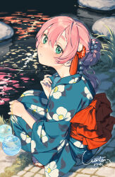 1girl blush commentary_request fireworks full_body green_eyes hair_bun hair_ornament highres japanese_clothes kanzashi kimono looking_at_viewer night original parted_lips pink_hair reflection reflective_water solo squatting summer sweat tanabata tassel thick_eyebrows wantan_meo water yukata