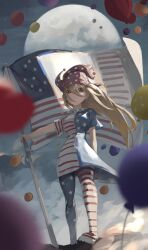 1girl absurdres american_flag american_flag_dress american_flag_legwear american_flag_print arm_at_side balloon blonde_hair blurry blurry_foreground breasts bright_pupils cloud clownpiece commentary flag flag_print flagpole floating_hair full_body full_moon hair_between_eyes hat highres holding holding_flag jester_cap long_hair long_hair_between_eyes looking_at_viewer moon night outdoors parted_lips purple_hat red_eyes sashimi_oniku short_sleeves solo standing star_(sky) touhou white_pupils