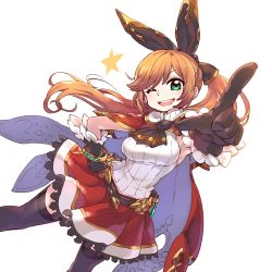 Rule 34 | &gt;;d, 1girl, ;d, aqua eyes, ascot, black gloves, black ribbon, cape, chan co, clarisse (granblue fantasy), commentary request, female focus, gloves, granblue fantasy, hair ribbon, index finger raised, long hair, one eye closed, open mouth, orange hair, ponytail, red skirt, ribbon, simple background, skirt, smile, solo, star (symbol), v-shaped eyebrows, vial, white background