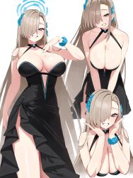 1girl absurdly_long_hair absurdres asuna_(blue_archive) black_dress blonde_hair blue_archive blue_eyes blue_halo blue_nails blue_scrunchie breasts cleavage double_v dress flower grin hair_flower hair_ornament hair_over_one_eye hair_ribbon halo highres kono_(xerondan321) large_breasts long_hair looking_at_viewer mole mole_on_breast multiple_views ribbon scrunchie simple_background smile v very_long_hair white_background wrist_scrunchie