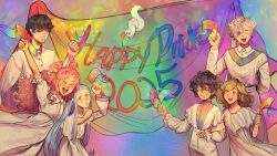 &gt;_&lt; 2025 2boys 4girls absurdres agott_(tongari_boushi_no_atelier) bad_link black_hair blonde_hair blue_eyes blue_hair blush brushbuddy coco_(tongari_boushi_no_atelier) curly_hair flag glasses highres holding holding_flag kinogatito long_hair medium_hair multiple_boys multiple_girls non-web_source olruggio_(tongari_boushi_no_atelier) open_mouth pink_hair qifrey_(tongari_boushi_no_atelier) rainbow_flag reverse_trap richeh_(tongari_boushi_no_atelier) short_hair smile teeth tetia_(tongari_boushi_no_atelier) tongari_boushi_no_atelier upper_teeth_only white_hair