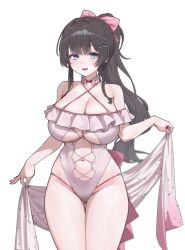Rule 34 | 1girl, absurdres, bare shoulders, black hair, blue eyes, bow, braid, breasts, center opening, choker, cleavage, cowboy shot, criss-cross halter, gluteal fold, hair bow, hair ornament, halterneck, highres, large breasts, long hair, looking at viewer, navel, one-piece swimsuit, open mouth, ponytail, sangobob, sarong, shirayuki hina, simple background, smile, solo, spaghetti strap, stellive, swimsuit, thigh gap, underboob, virtual youtuber, white background, white one-piece swimsuit