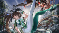 2girls absurdres black_boots black_shirt black_thighhighs bodysuit boots breasts brown_eyes brown_hair closed_mouth commentary_request crossover day eve_(stellar_blade) gloves goddess_of_victory:_nikke green_bodysuit gun high_heel_boots high_heels highres holding holding_gun holding_weapon korean_commentary large_breasts long_hair looking_at_viewer midair multiple_girls outdoors parted_lips ponytail rapi_(nikke) red_eyes rubble seeshin_see shirt smile stellar_blade thighhighs weapon white_gloves