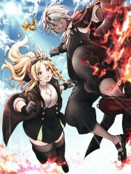 1boy 1girl 1other albaz_(yu-gi-oh!) black_coat black_gloves black_skirt black_thighhighs blonde_hair blue_sky blush clenched_teeth cloud coat dark_skin dragon_boy duel_monster ecclesia_(yu-gi-oh!) fallen_of_albaz fire gloves incredible_ecclesia_the_virtuous long_hair looking_at_another looking_at_viewer mechanical_wings non-humanoid_robot official_alternate_costume official_alternate_hairstyle one_eye_closed open_mouth parted_lips red_eyes red_hayao robot robot_animal robot_bird skirt sky smile sunlight teeth thighhighs tri-brigade_mercourier white_hair wings yellow_eyes yu-gi-oh! zettai_ryouiki