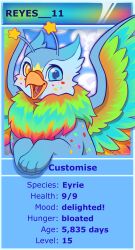 Rule 34 | animal, animal focus, antennae, beak, blue eyes, blue fur, commentary, creature, creature focus, english commentary, english text, eyrie, feathered wings, fluffy, gameplay mechanics, griffin, heterochromia, highres, looking at viewer, neopet (creature), neopets, no humans, open mouth, original, rainbow, salemsevern, solo, star (symbol), stats, through medium, wings, yellow eyes