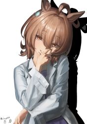 Rule 34 | 1girl, agnes tachyon (umamusume), ahoge, animal ears, brown eyes, brown hair, coat, drop shadow, grey background, hair between eyes, hand on own face, head tilt, highres, horse ears, horse girl, lab coat, lapels, o ko ge2024, school uniform, short hair, simple background, smile, solo, tracen school uniform, umamusume, upper body, variant set, white coat